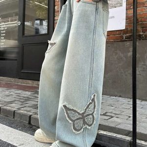 Tween Girls Elastic Waist Butterfly Wide Leg Jeans